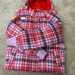 VS PINK Plaid Puffer Jacket Pink Red Hooded Size S/P